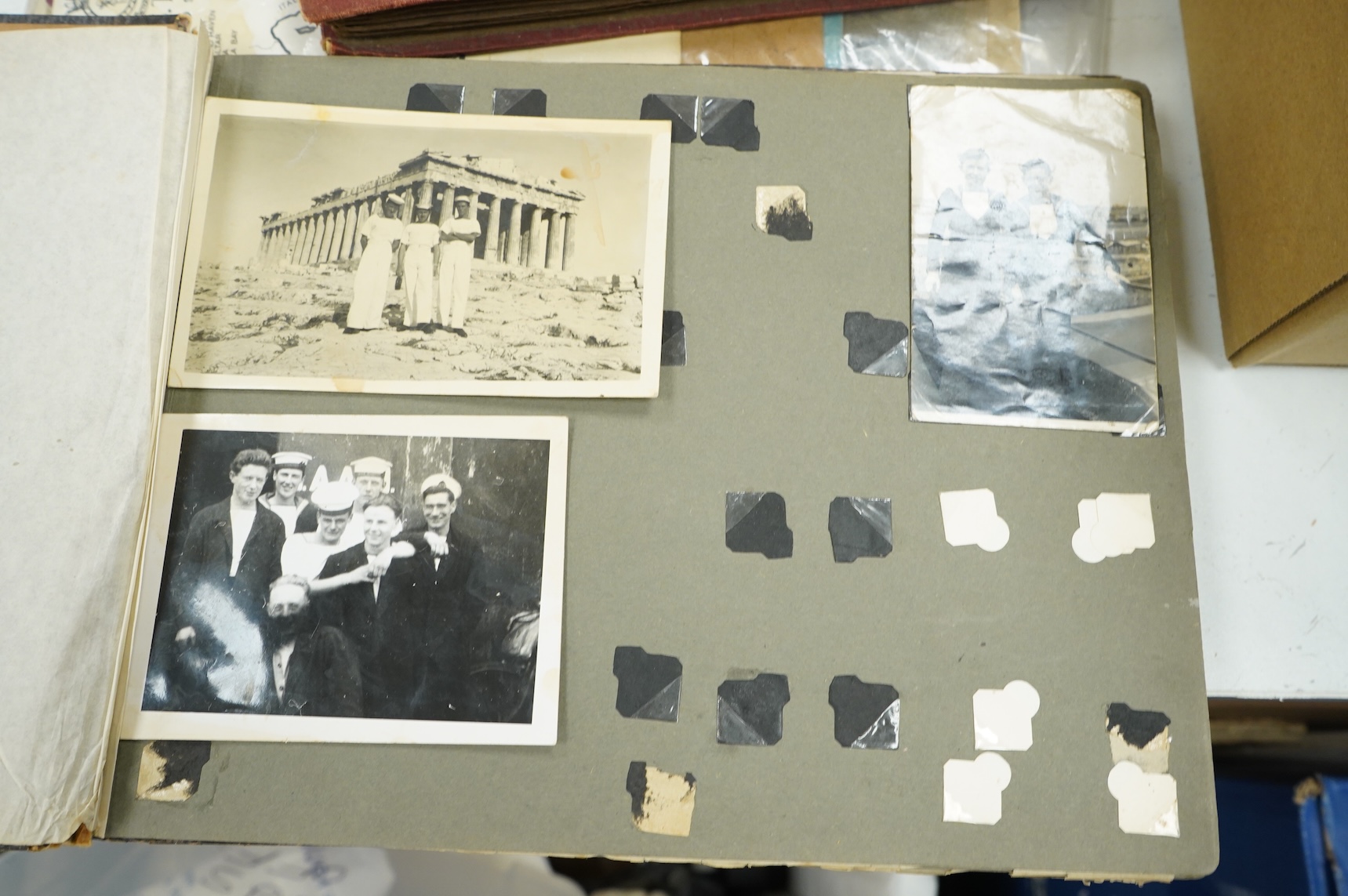 Four early 20th century photograph albums of military, naval and aviation interest, including; naval officers, sailors, ships and harbours, personal photographs, HMS Colossus, Cape Town in January 1946, RAF aircraft incl